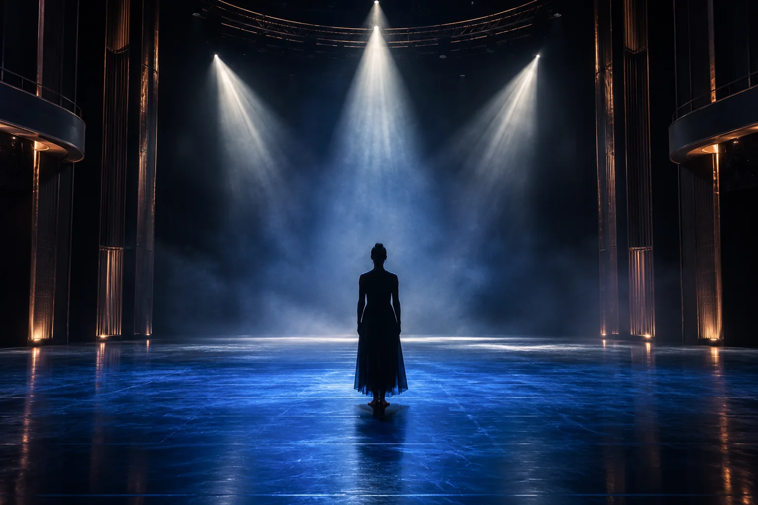 A performer facing an illuminated audition stage — concept artwork