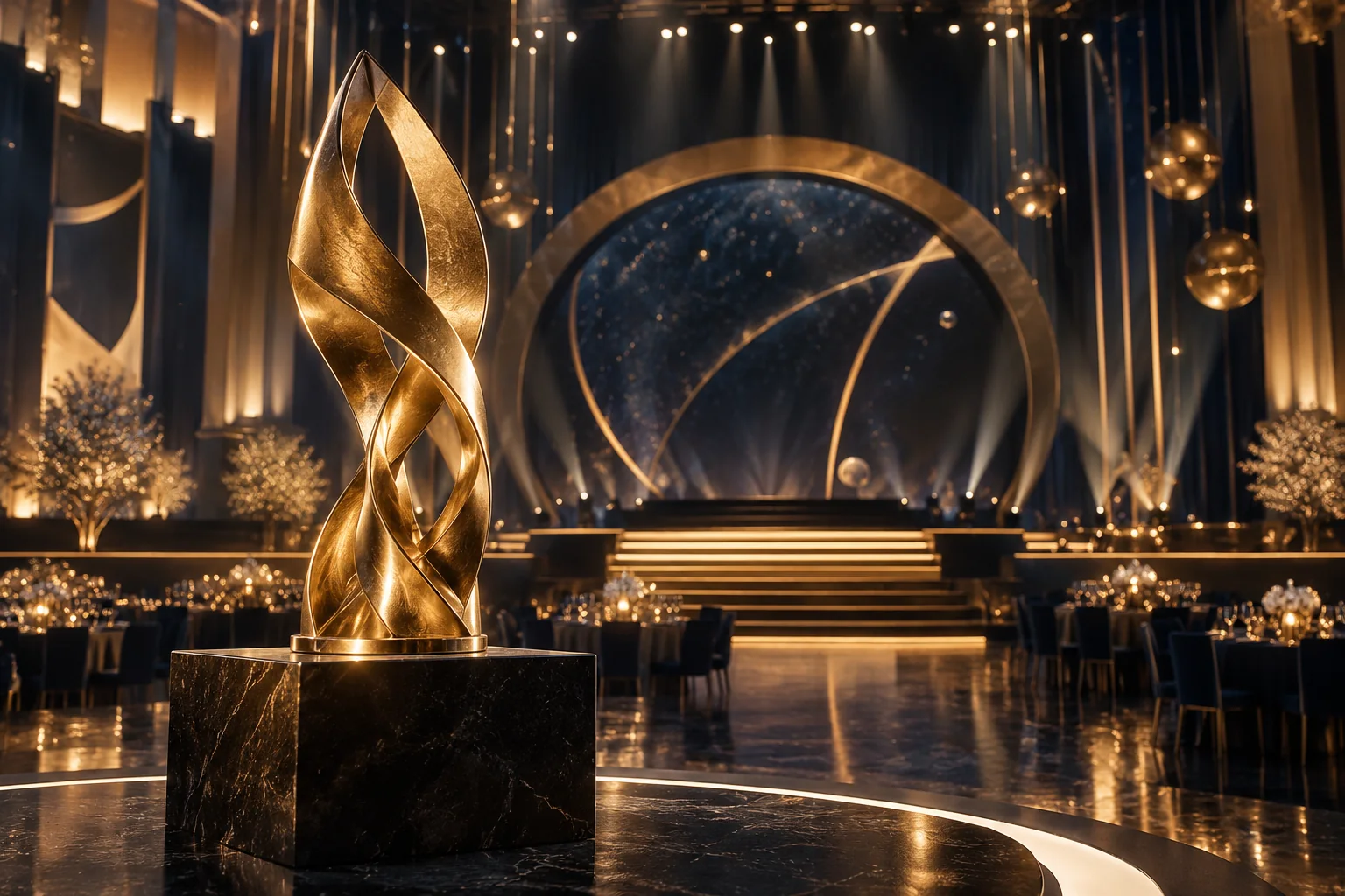 Original trophy sculpture in an imagined awards setting — concept artwork