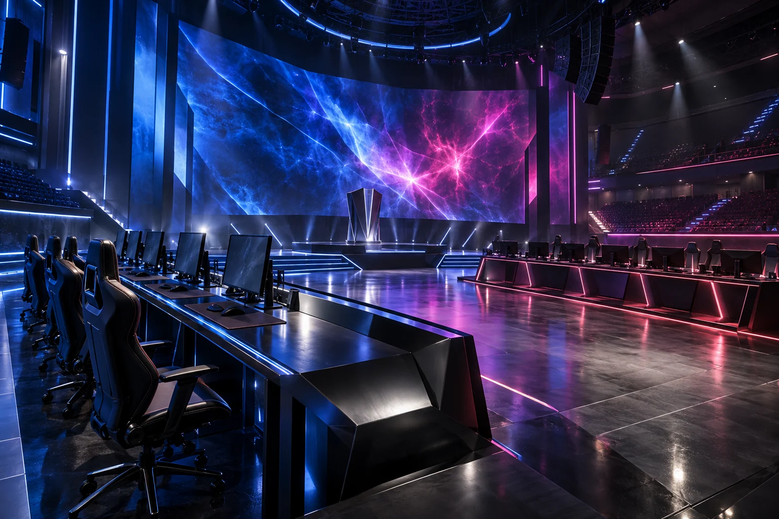 An imagined esports arena with opposing player stations — concept artwork