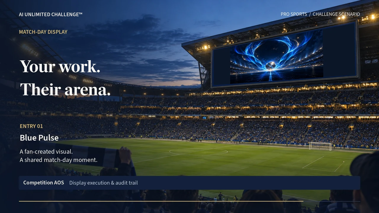 Blue Pulse, the selected fan creation, displayed on a stadium screen
