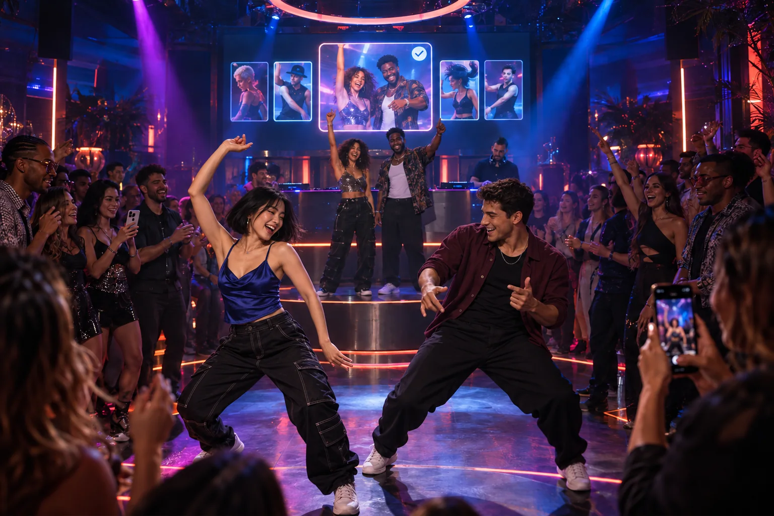 Audience dance challenges and selected creations brought onto the DJ stage inside a vibrant HappyBomb nightclub — concept artwork