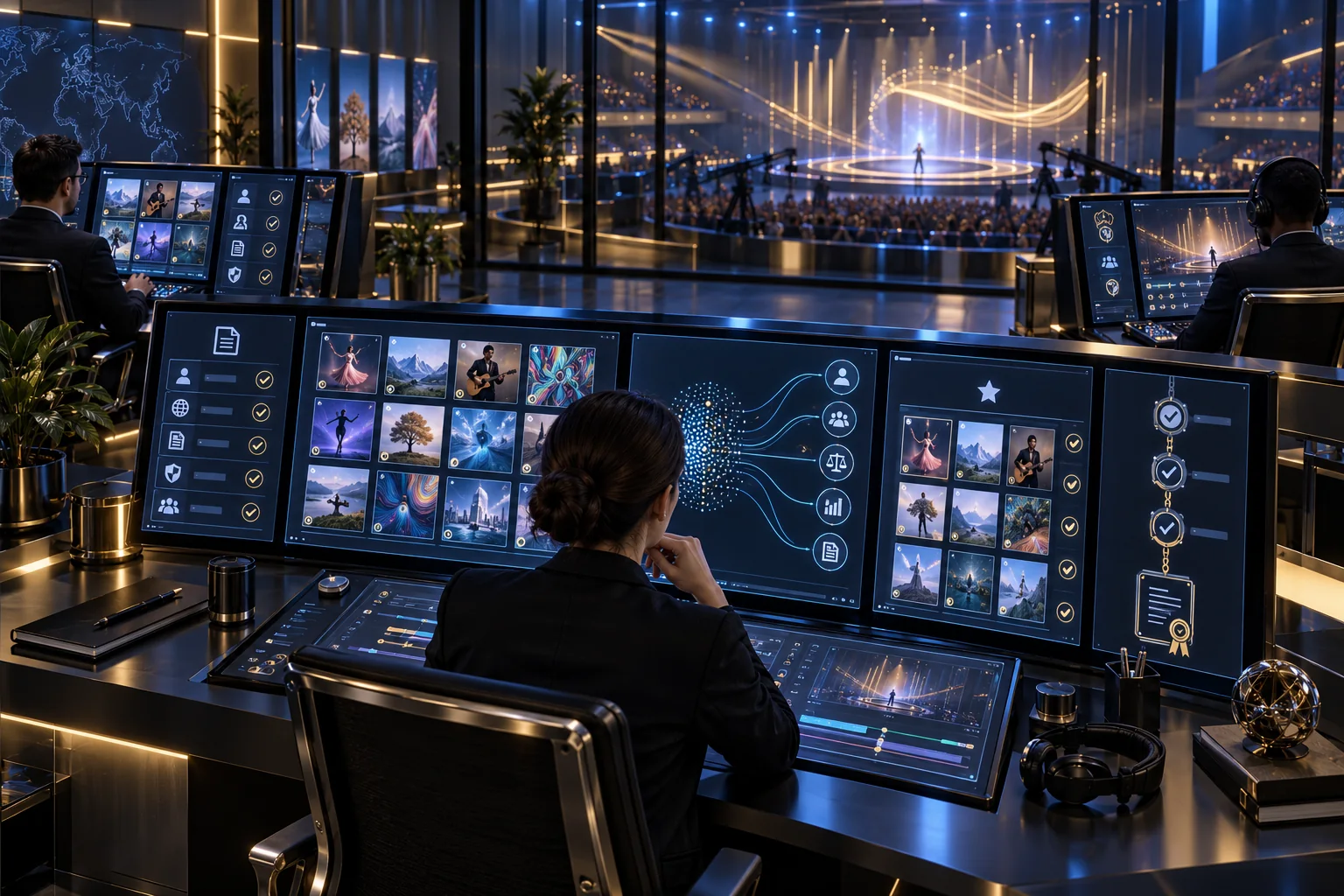 A competition operations room connecting creative entries, independent review and a live stage — concept artwork