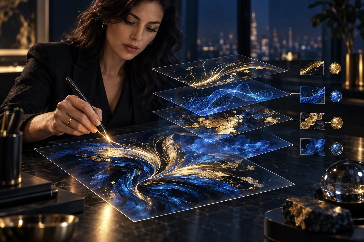 A human creator using a stylus beside distinct creative layers and their contribution evidence — concept artwork