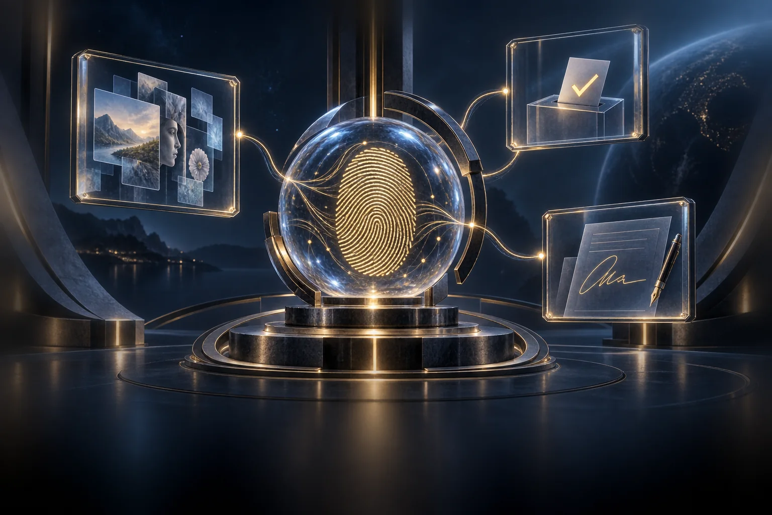 A sapphire evidence seal connecting separately framed creative layers, a ballot and a signed record — concept artwork