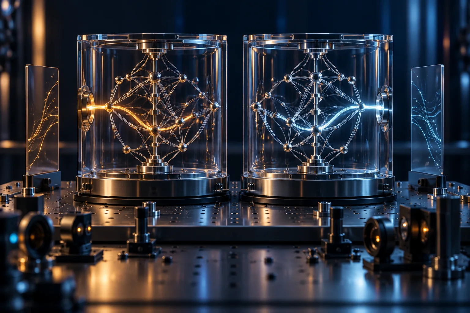 Two independent observation chambers comparing decision paths under controlled conditions — concept artwork
