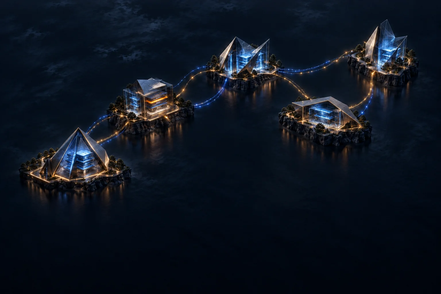 Distinct autonomous systems connected by evidence paths while retaining their separate boundaries and records — concept artwork