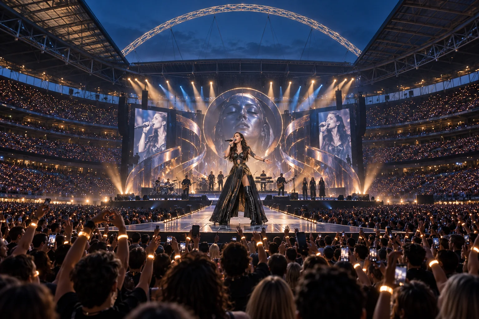 A singer commanding a monumental stadium stage surrounded by a vast illuminated audience — concept artwork