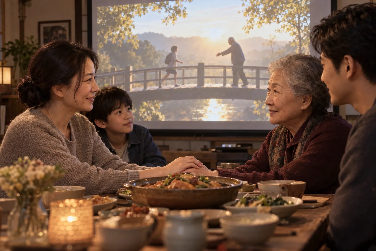 A family holds hands around a shared meal while a short film is projected behind them