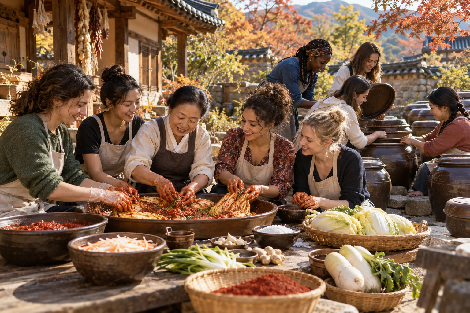 Participants prepare kimchi together outdoors beside traditional earthenware fermentation jars