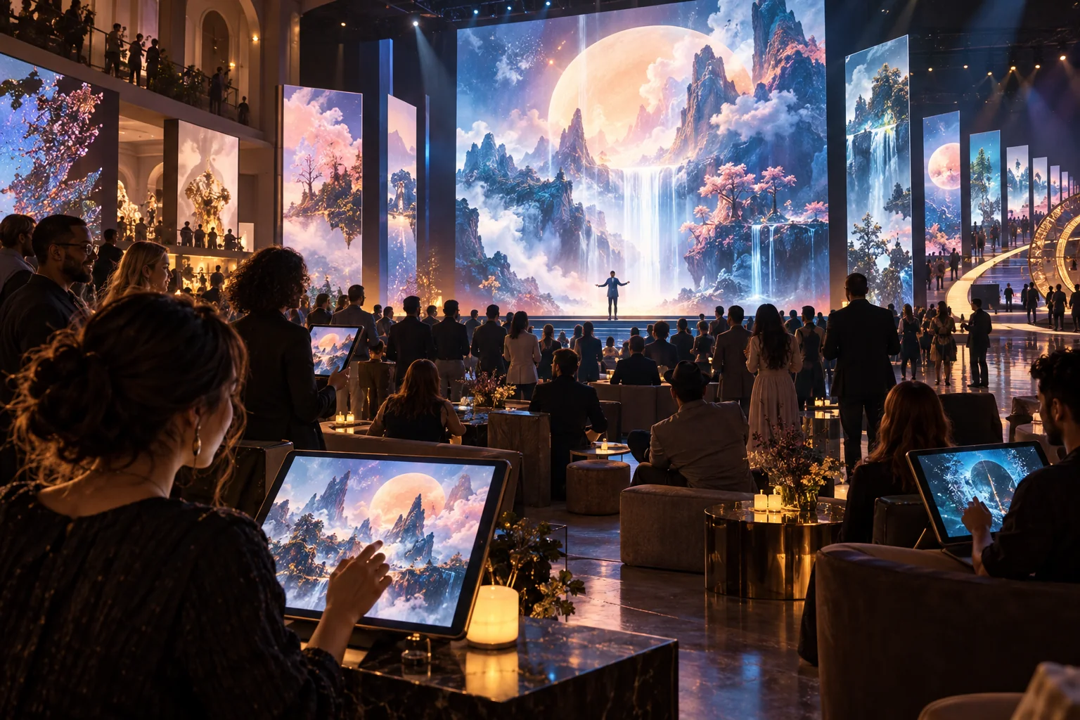 Guests explore fantasy landscapes on tablets while matching imagery fills the screens of an immersive event