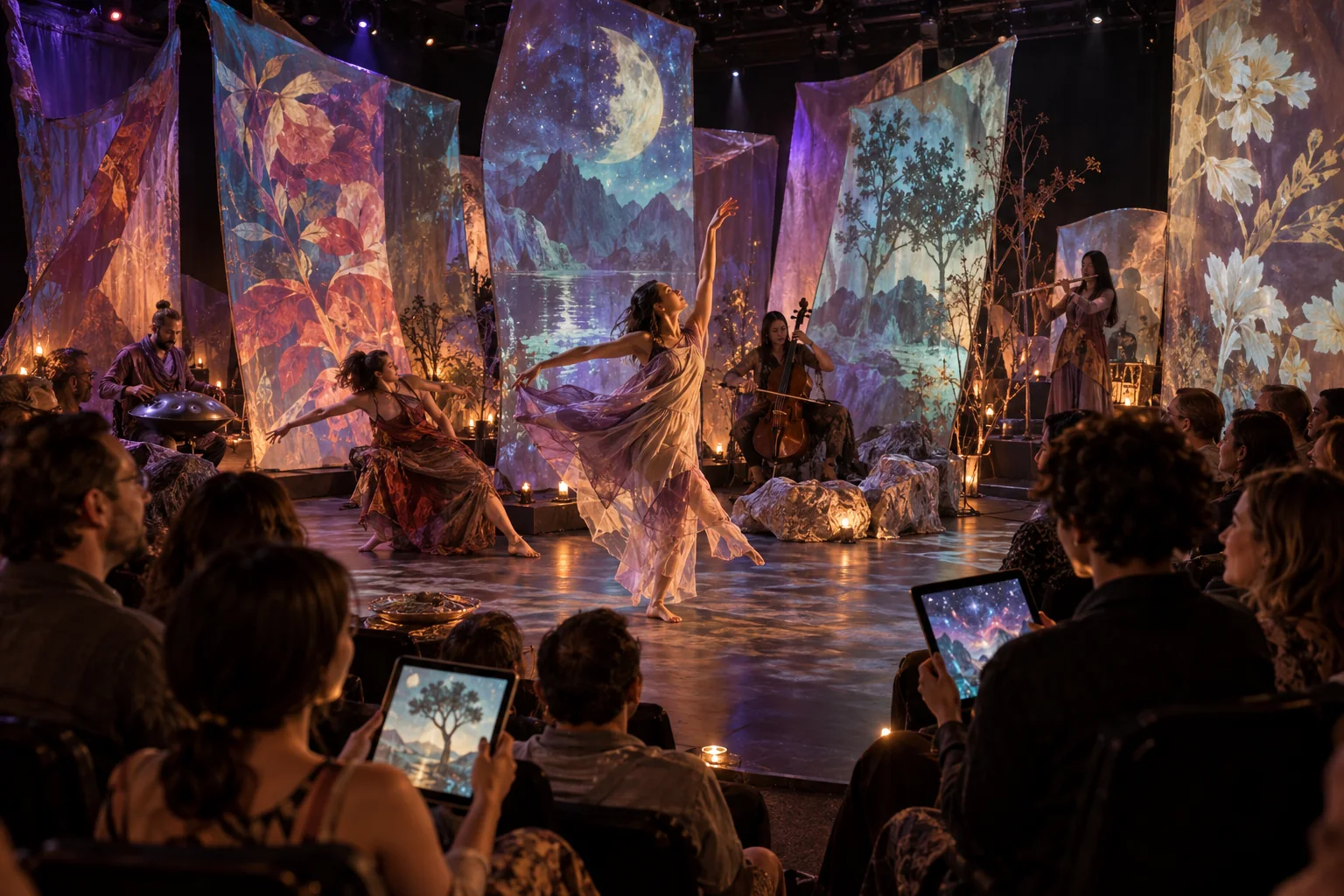 Dancers and musicians perform among projected nature scenes as nearby audience members hold tablets