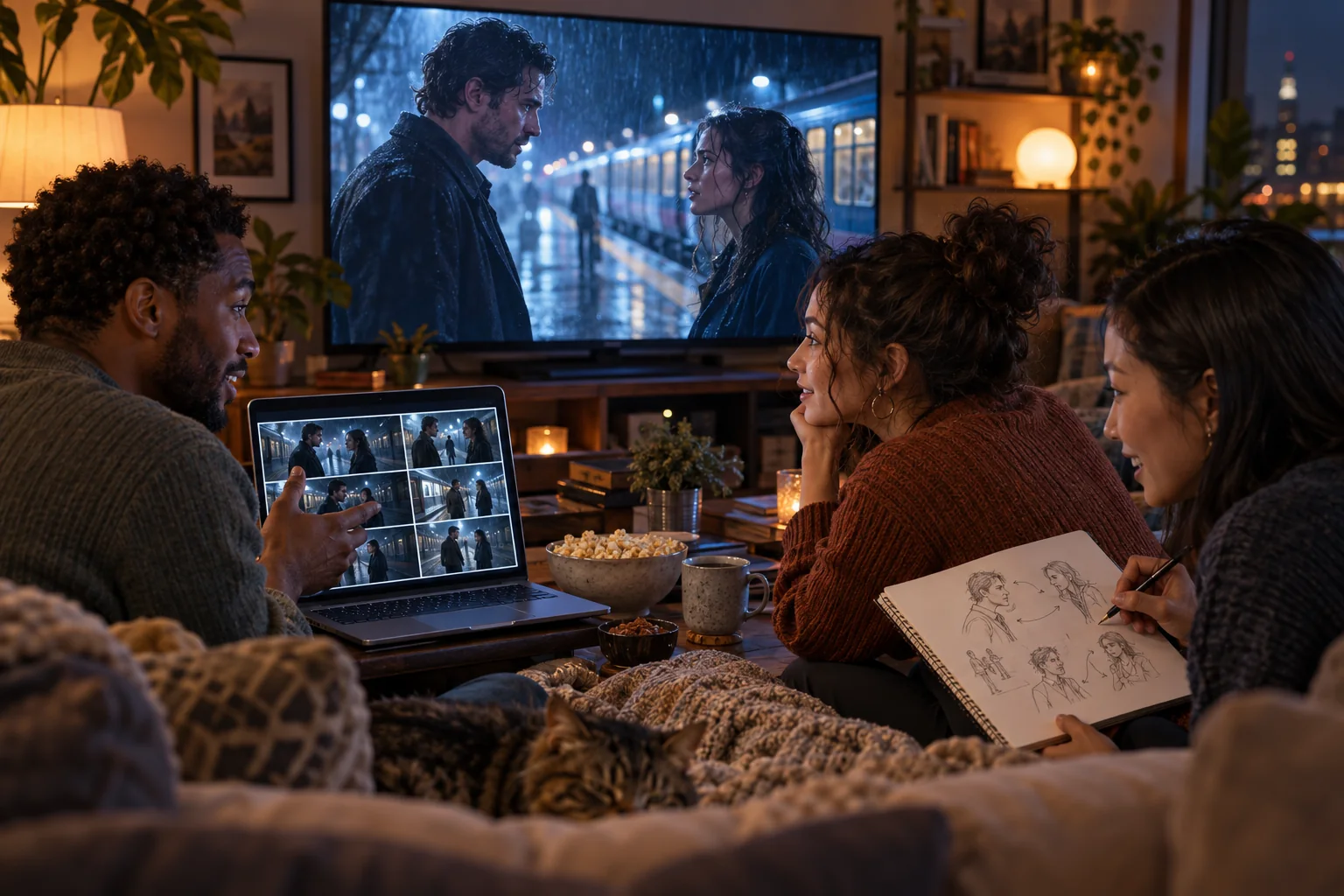 Viewers discuss a rainy drama scene on television while comparing laptop storyboards and character sketches