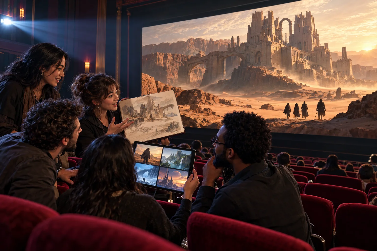 Viewers in a cinema compare sketches and tablet images with a fantasy scene on the large screen