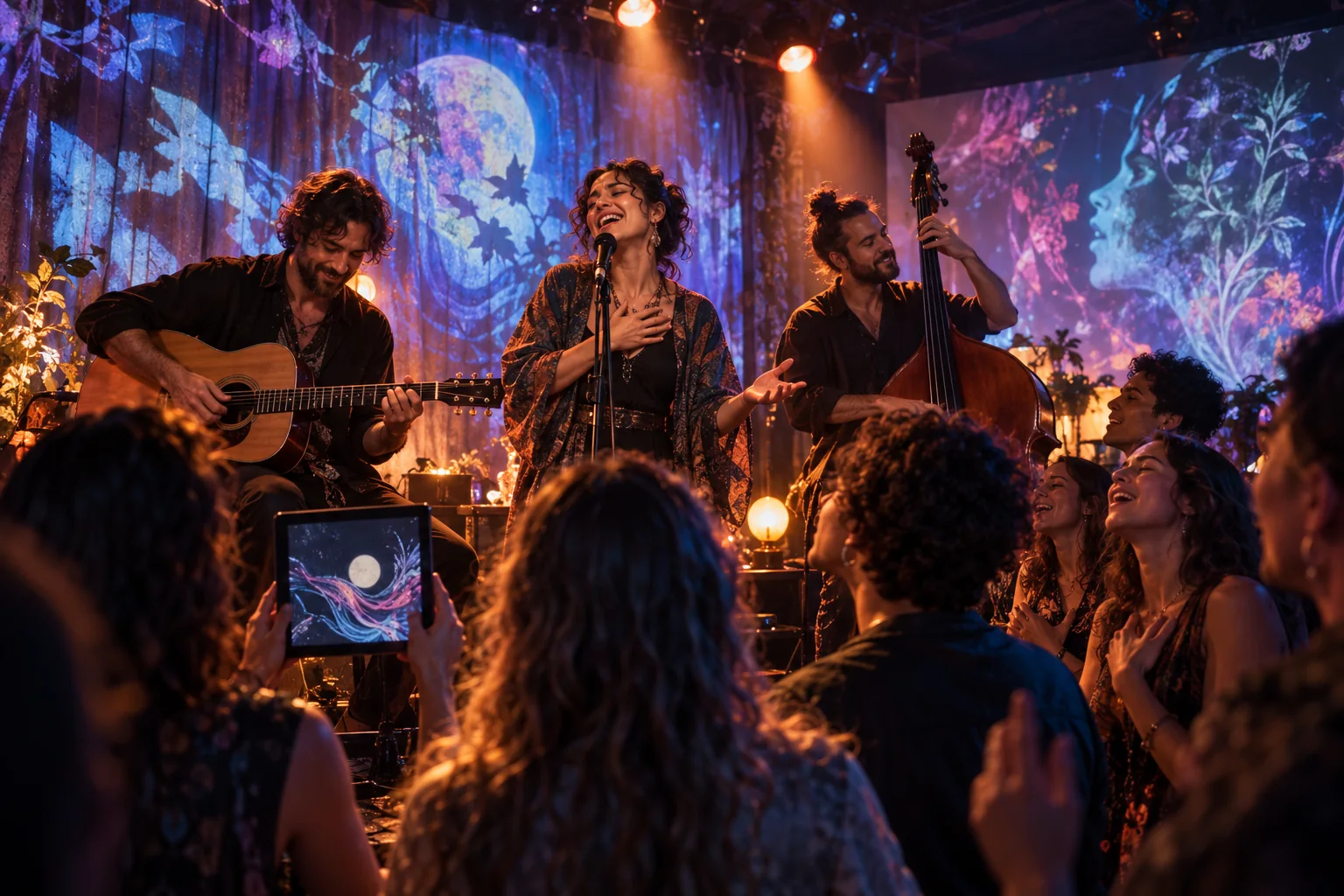 A singer and musicians perform before a projected backdrop while fans gather close to the stage