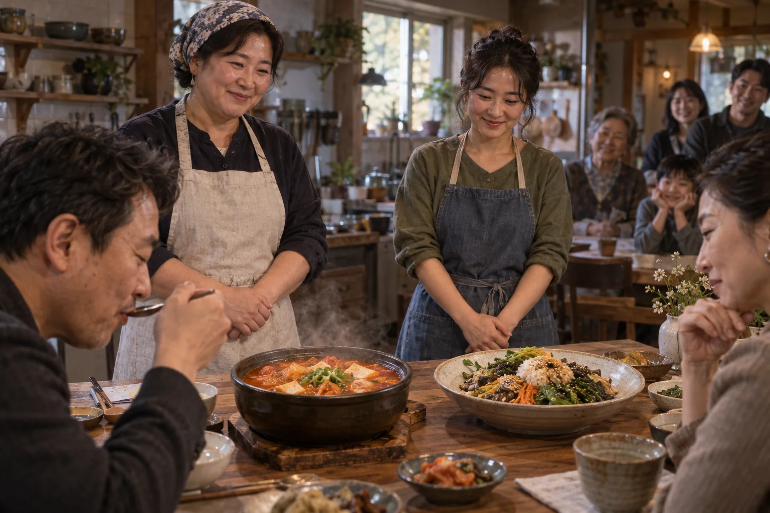 Home cooks present dishes at a table while guests taste and watch