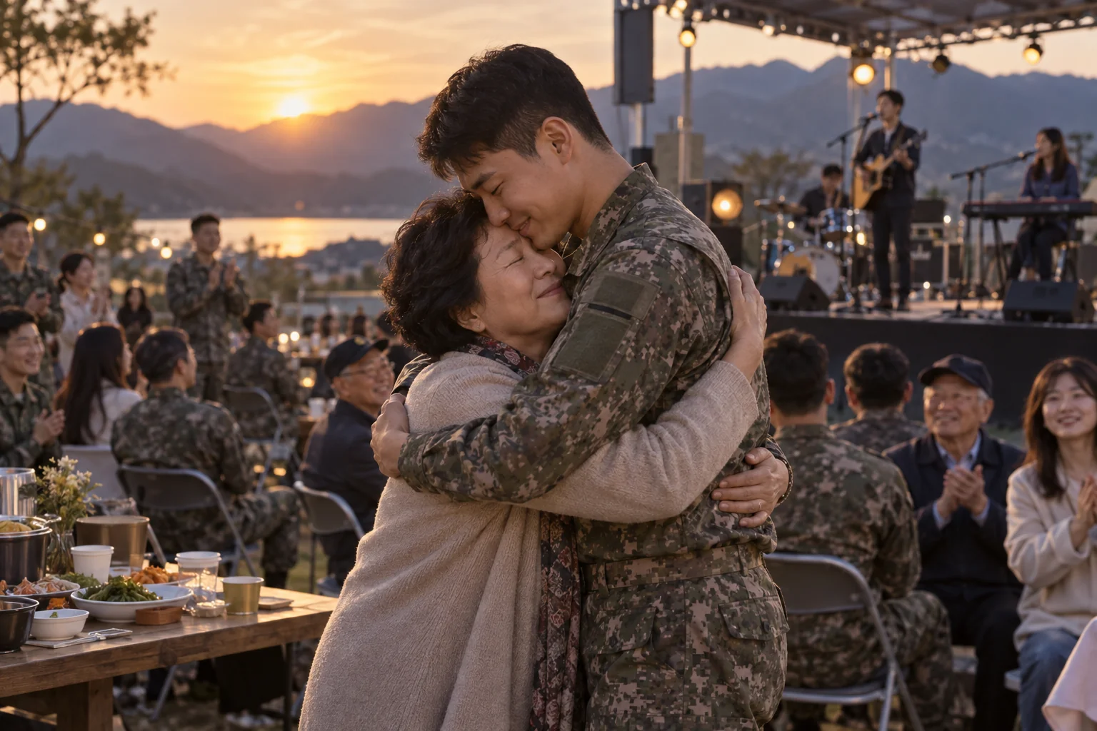 A service member embraces an older woman at an outdoor gathering, with musicians performing behind them