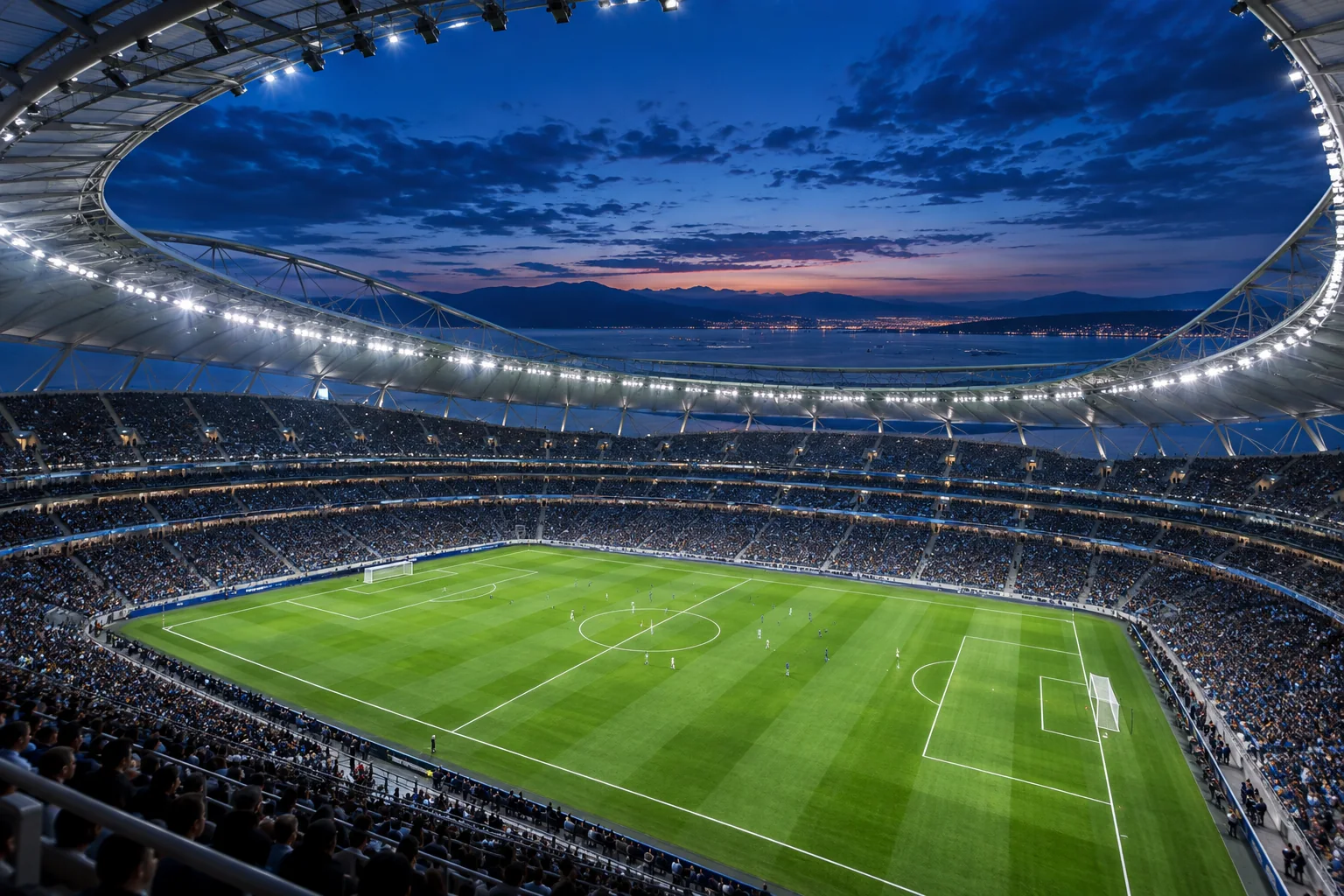 An imagined professional sports stadium at blue hour — concept artwork