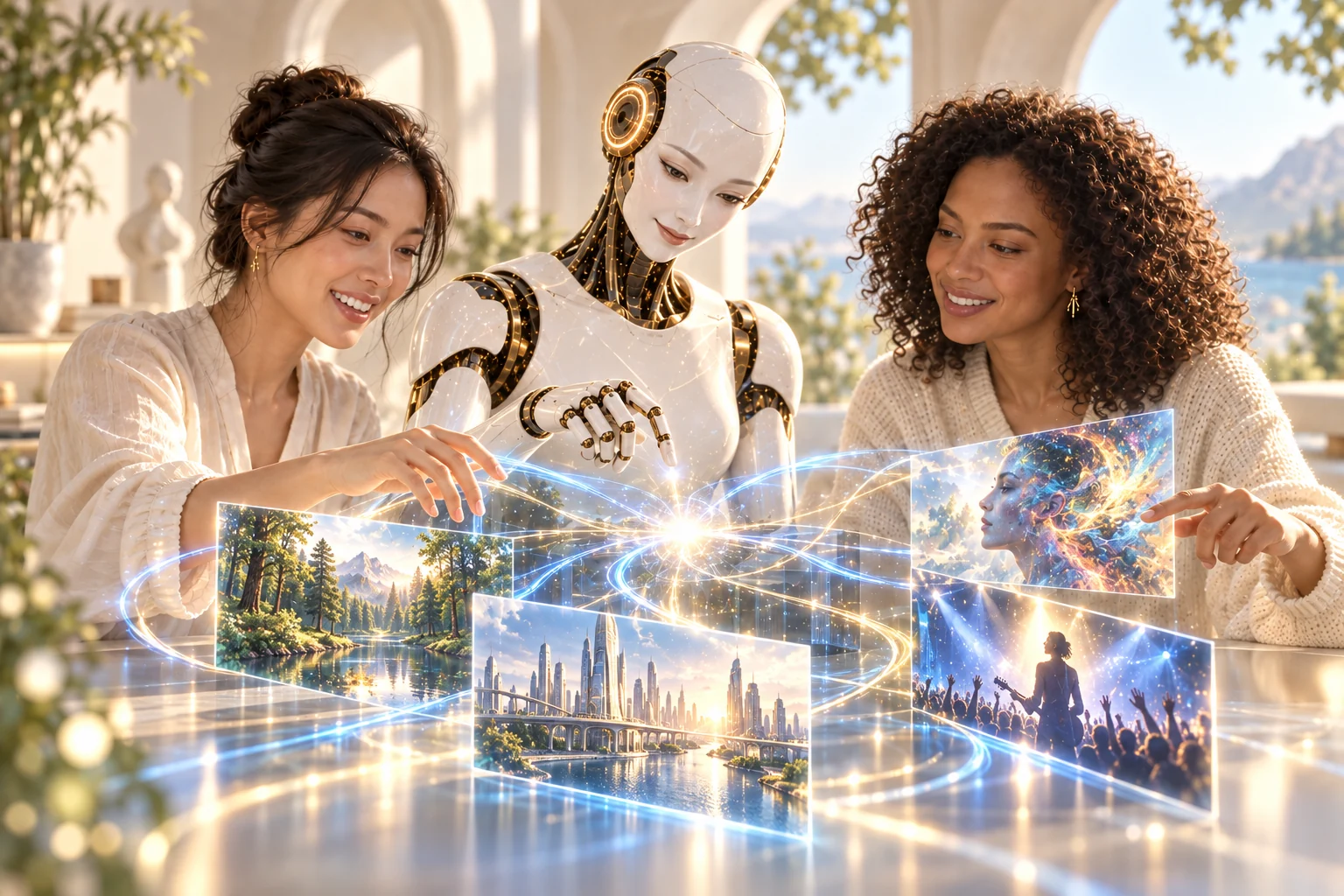 Two women and a white-and-gold humanoid AI creating together, with luminous digital images linking nature, architecture and live performance
