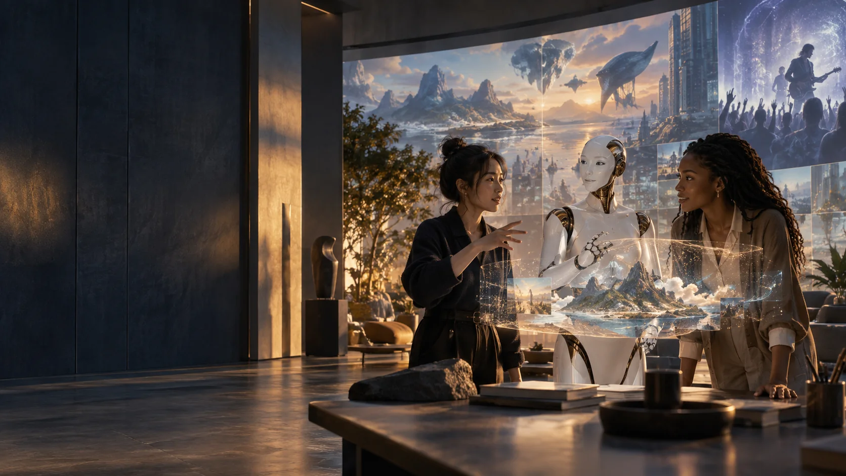 Two human creatives and a white-and-gold humanoid AI exploring a digital world together in an imagined creative studio