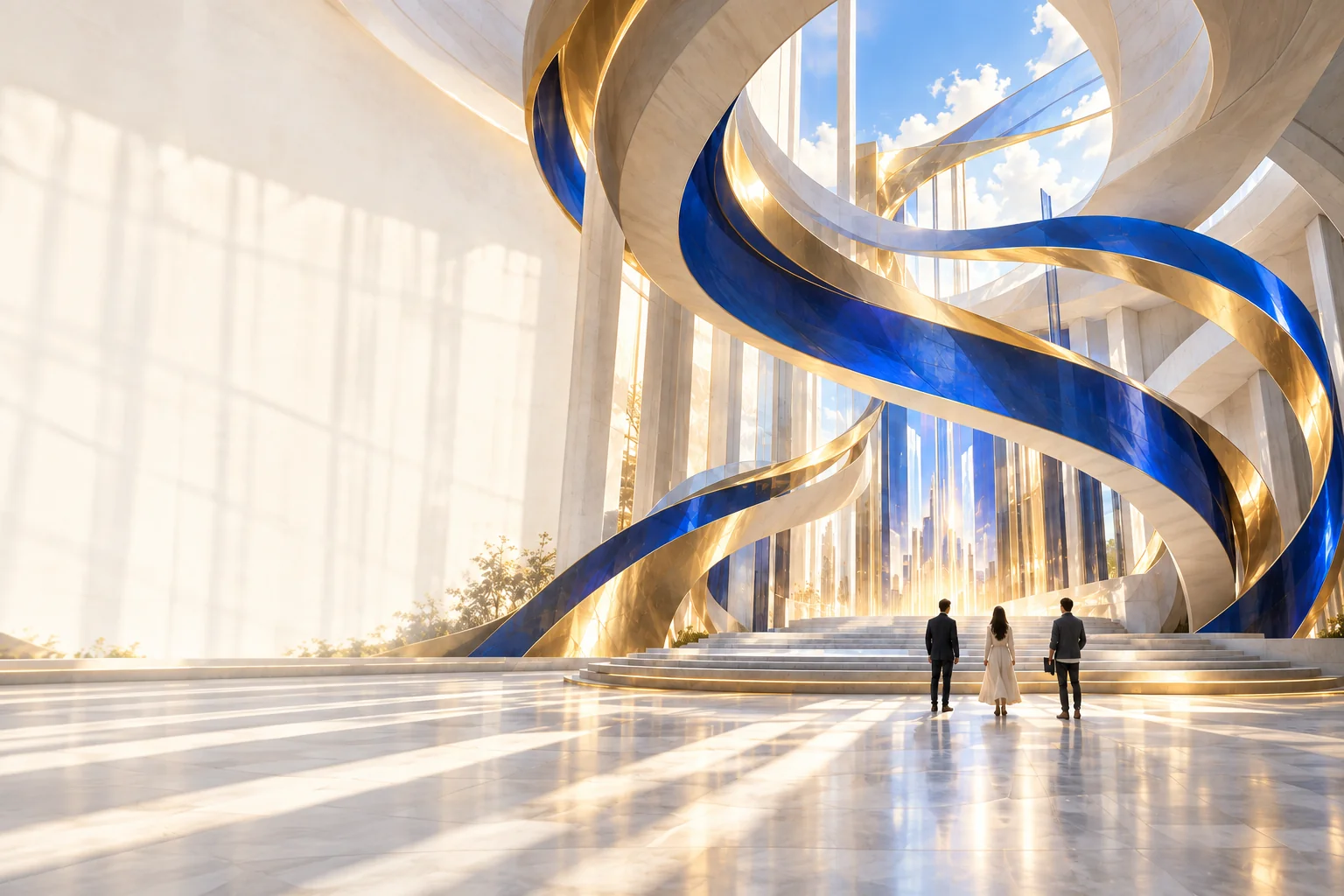 Three people looking toward sweeping cobalt and gold ribbons in a sunlit imagined creative space